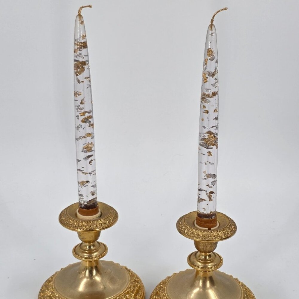 Lucite Gold Flake Decorative Candle PAIR with Holders - Vintage